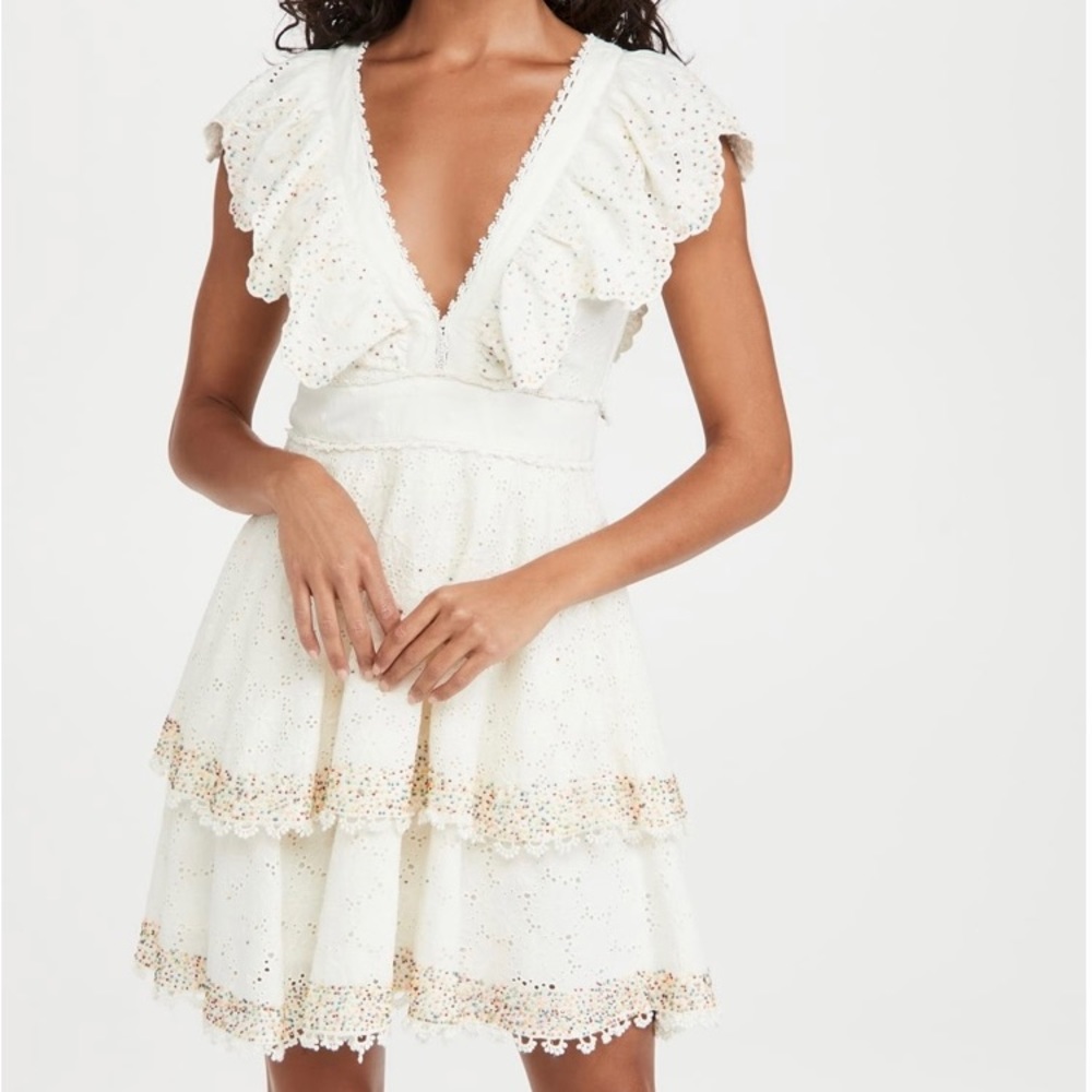 Farm Rio Eyelet Patch Beaded Mini Dress